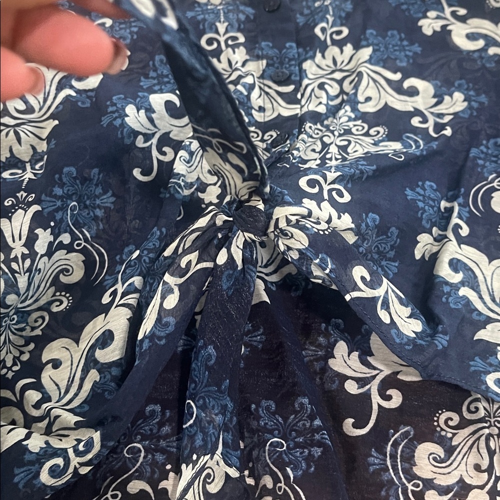 Halogen long sleeve blue sheer paisley button front tie waist top blouse Small - Picture 5 of 16